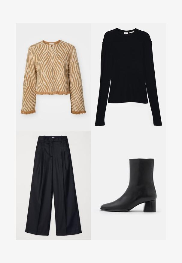 Giacca corta e aderente realizzata in tessuto beige testurizzato con motivi bianchi a zigzag e bordi frangiati su maniche e orlo. Chiusura frontale con zip.; Maglietta nera a maniche lunghe realizzata in tessuto morbido, con scollo rotondo e vestibilità ampia, dotata di spacchi laterali all'orlo per facilitare i movimenti.; Pantaloni neri a gamba larga realizzati in un tessuto morbido, con vita alta, pieghe e un design sartoriale. Finiture semplici in nero in vita.; Stivali ankle in pelle nera con punta affusolata e tacco quadrato grosso. Texture liscia con un design senza cuciture e cuciture minimaliste.