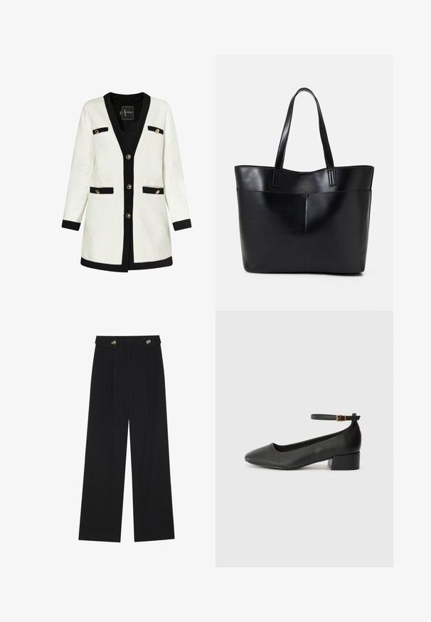 Cappotto bianco texture con accenti neri, scollatura a V, cinque bottoni dorati e due tasche frontali. Presenta una fodera interna liscia.; T-shirt bianco a maniche corte realizzato in cotone. Presenta un collo tondo e una vestibilità rilassata. Texture liscia senza motivi o dettagli visibili.; Pantaloni neri a gamba larga con vita alta, dettagli con bottoni in vita e pieghe frontali.; Pump in pelle nera con punta affusolata e tacco basso a blocco. Presenta una cinghia alla caviglia con una fibbia in tonalità oro. Texture liscia.; Borsa a tracolla in pelle nera con due manici lunghi, una texture liscia e una forma strutturata. Presenta una tasca frontale per ulteriore spazio di archiviazione.