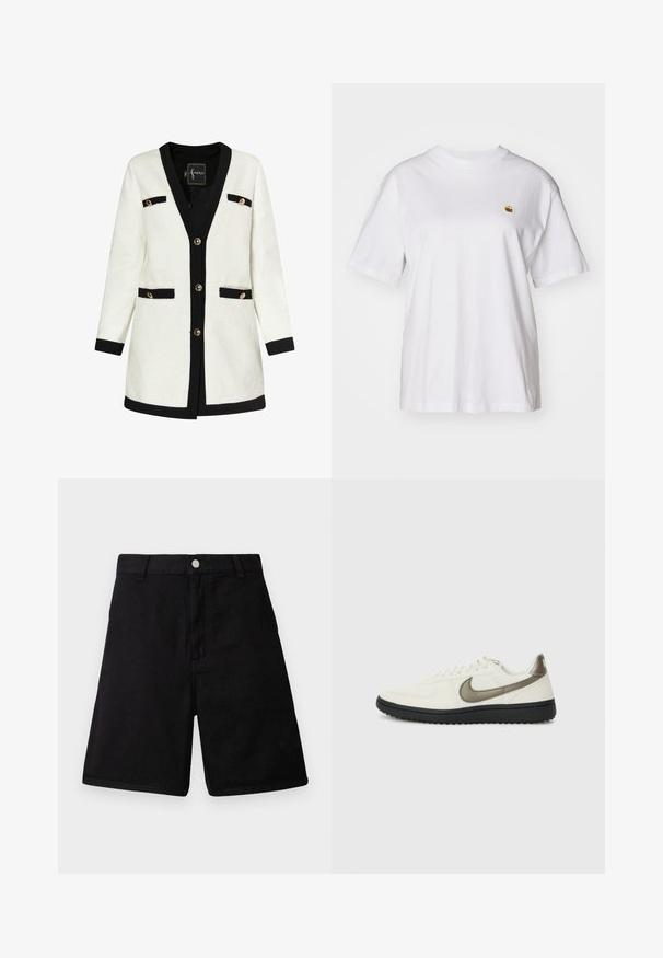Fehér, textúrált kabát fekete akcentusokkal, V-nyakkivágással, öt arany gombbal és két elülső zsebbekkel. Sima belső béléssel rendelkezik.; Fehér pamut póló laza szabással, rövid ujjakkal és egy kis hímzett logóval a bal mellrészén.; Fekete nadrág, strapabíró szövetből készült, egyenes szabású dizájnnal, elülső zsebekkel, cipzáros sliccel és fémből készült gombos záródással.; Nike Sportswear FIELD GENERAL - Sportcipő - off-white/black