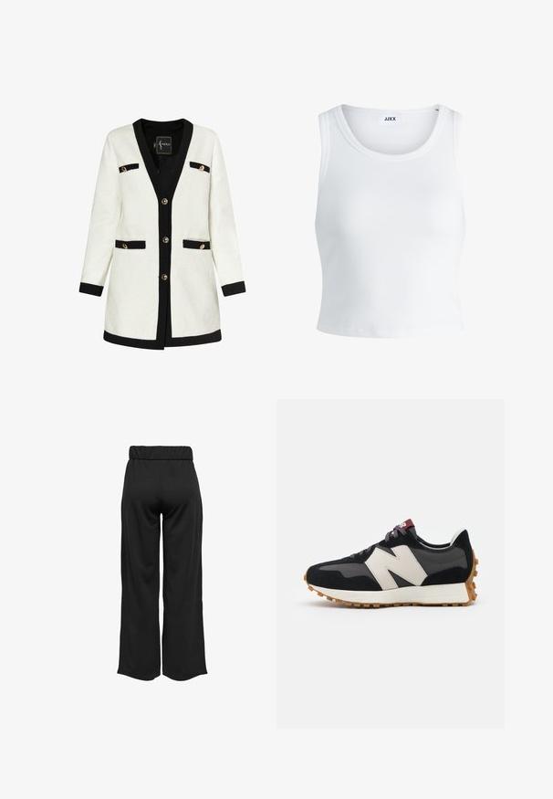 Biała teksturowana kurtka z czarnymi akcentami, z dekoltem w kształcie litery V, pięcioma złotymi guzikami i dwiema przednimi kieszeniami. Posiada gładką podszewkę.; Biały prążkowany top na ramiączkach z okrągłym dekoltem, bez rękawów i skróconej długości. Metka z napisem "JJXX." Gładka faktura materiału.; Czarne, szerokie spodnie z elastycznym pasem, wykonane z gładkiego materiału. Charakteryzują się prostym wzornictwem, bez kieszeni i widocznych szwów.; Czarno-szare zamszowe sneakersy z dużym kremowym logo "N", purpurowymi sznurówkami i teksturowaną gumową podeszwą.