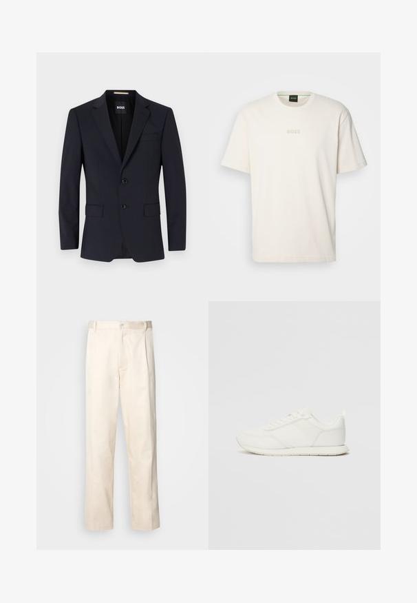 Blazer azul-marinho ajustado com lapelas clássicas, fecho de dois botões, bolsos frontais e um único bolso no peito. Tecido suave, corte estruturado.; BOSS TEE - T-shirt básica - open white; Calças de algodão bege com corte reto, apresentando um fecho de botão e pregas na frente para um detalhe adicional.; Sapatilha branca com parte superior em malha e sintético, bico arredondado, atacadores planos e uma faixa lateral texturizada. Sola em borracha com uma alça na parte de trás.