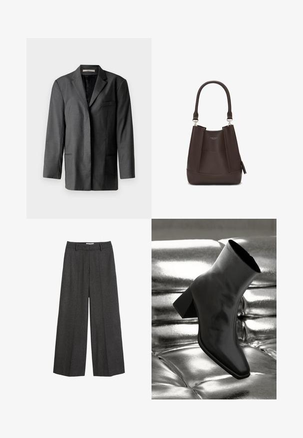 Pilkas pritaikytas bleiseris lengvai medžiagai; turi iškirptą apykaklę, vieną krūtinės kišenę ir dvi priekinės kišenes, su lygiu vidiniu pamušalu.; Aliejinė žalia, permatoma palaidinė su užrišamu apykakle, elastingu juosmeniu ir raukiniais ilgomis rankovėmis. Lengvas audinys su plaukiančiu dizainu.; Platus kojas kelnes tamsiai pilkos spalvos audinio. Yra pritaikytas liemuo su dirželių kilpomis, lygus paviršius ir minimalūs siuvimo akcentai.; Juodos kulkšnies botai, pagaminti iš blizgaus medžiagos, su kvadratine padu ir siauru kulnu, prieš blizgiai sidabrinį pūsto audinio foną.; Carlheim ADALINE - Rankinė - brown