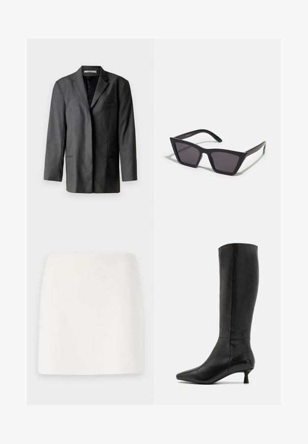 Blazer cintré gris en matériau léger ; il dispose d'un col cranté, d'une poche poitrine unique et de deux poches avant, avec une doublure intérieure lisse.; Haut noir à manches longues en tissu doux, avec un large col et une coupe légèrement ample, sans motifs visibles ni détails matériels.; Jupe mini blanche ajustée avec une texture lisse et des lignes épurées. Pas de motifs ou de quincaillerie visibles. Ourlet droit en bas.; Zign Bottes - black; Lunettes noires angulaires avec des verres gris ; fabriquées en plastique, avec des branches épaisses à la surface lisse et sans matériel visible.