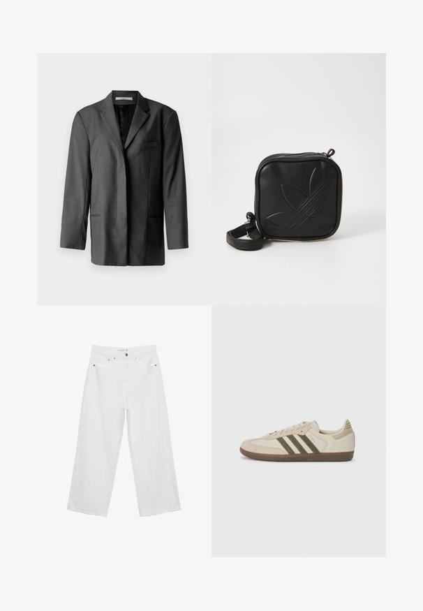Grau maßgeschneiderter Blazer aus leichtem Material; verfügt über einen Reverskragen, eine einzelne Brusttasche und zwei Fronttaschen sowie ein glattes Innenfutter.; Schwarzes kurzärmliges Oberteil mit hohem Kragen und lässigem Schnitt. Aus weichem Stoff mit glatter Textur gefertigt. Keine sichtbaren Muster oder Grafiken.; Weiße Jeans im weit geschnittenen Design aus Denim mit hoher Taille, ausgestattet mit fünf Taschen und Metallbeschlägen. Glatte Textur, keine sichtbaren Muster.; adidas Originals SAMBA OG UNISEX - Sneaker low - alumina/medium dark khaki/gum; Schwarze Umhängetasche aus strukturiertem synthetischem Material. Verfügt über ein eingeprägtes Logodesign und einen verstellbaren Riemen. Mit Reißverschluss geschlossen.