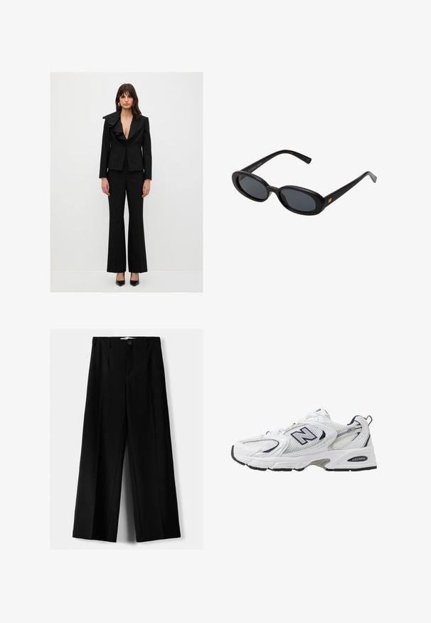 Schwarzer maßgeschneiderter Anzug mit Volantkragen, figurnahem Sakko und ausgestellten Hosen. Der Stoff ist glatt mit matter Oberfläche. Glänzende High-Heels.; Weißes T-Shirt mit kurzen Ärmeln aus glatter Stoffqualität, mit rundem Ausschnitt und dezenten Nähten am Saum.; Schwarze weite Hosen aus leichtem Stoff, mit einem Knopfverschluss vorne und flachem Bund, mit sorgfältig genähten Säumen.; Weißer Sportschuh mit Mesh-Obermaterial, navyblauen Akzenten und gepolsterter Sohle. Verfügt über das "N"-Logo, Schnürsenkel und eine strukturierte Detailverarbeitung an der Seite.; Schwarze, oversized Sonnenbrillen mit ovalen Gläsern, glattem Kunststoffrahmen und goldenen Akzenten an den Bügeln. Die dunklen Gläser bieten Sonnenschutz.