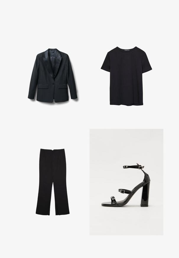 Black blazer with satin lapels, featuring vertical pinstripes and two front pockets. Single button closure, tailored design, smooth texture.; Plain short-sleeve black cotton T-shirt with crew neck, displayed on a white background.; Black trousers with a straight fit, featuring front pockets and side slits at the hem. Made of soft, smooth fabric. Suitable for various occasions.; Black patent heeled sandals with a square toe, ankle straps, and silver buckles. Features a chunky block heel for stability.