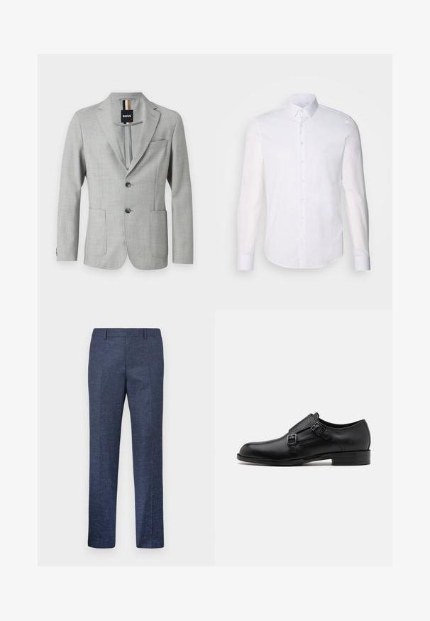 Světlé šedé sako vyrobené z texturované látky, s klopovým límcem, dvěma předními kapsami a zapínáním na dva knoflíky. Štítek je viditelný uvnitř.; Bílá košile s dlouhým rukávem vyrobená z bavlny, s klasickým límcem, předními knoflíky a minimálním detailem šití.; Námořnické modré kalhoty vyrobené z texturované tkaniny, s rovnými nohavicemi, plochým předním dílem a dvěma bočními kapsami. Žádné viditelné vzory ani akcenty.; Černé kožené společenské boty s dvojitými sponami, elegantní silueta a kulatá špička. Mají nízký podpatek a hladký povrch.
