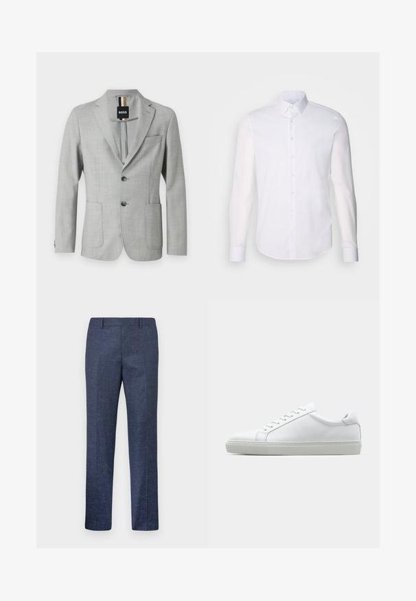 Lichtgrijze blazer gemaakt van een textuurstof, met een gelapte revers, twee voorzakken en een sluiting met twee knopen. Label zichtbaar aan de binnenkant.; Witte lange mouwen overhemd met knopen, gemaakt van katoen, voorzien van een klassieke kraag, voorkant met knopen en minimale stikdetails.; Navyblauwe broek van een gestructureerde stof, met rechte pijpen, een vlakke voorkant en twee zijzakken. Geen zichtbare patronen of accenten.; Witte sneaker met een gladlederen bovenwerk en een laag profiel. Voorzien van een ronde neus, zes vetergaatjes en een gestructureerde rubberen zool.