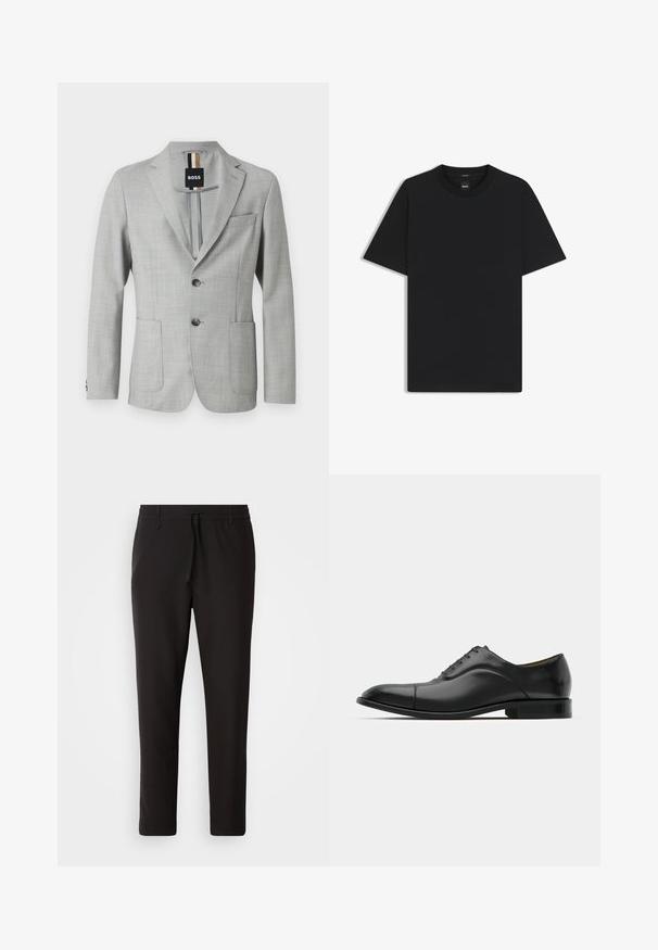 Light grey blazer made of textured fabric, featuring a notched lapel, two front pockets, and two-button closure. Label visible inside.; Black short-sleeve T-shirt made from a smooth cotton blend, featuring a crew neckline and a minimalistic design with no patterns or accents.; Black jogger pants made of smooth fabric. Feature an elastic waistband with a drawstring, tapered legs, and no visible pockets. Simple design.; Black leather dress shoe with smooth texture, rounded toe, and five eyelets. Features a low stacked heel and subtle seam detailing.