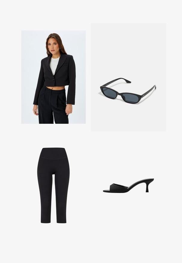 Black cropped blazer with a notch lapel, single button closure, and long sleeves. Pair with high-waisted black trousers for a coordinated look.; Black ribbed off-the-shoulder sweater with long sleeves, fitted design, and textured fabric. Paired with teal trousers.; Black three-quarter length leggings made of stretchy fabric, featuring a high waistband and no visible patterns or hardware.; Black heeled mules with a wide, open toe and a curved upper. Made of textured fabric, featuring a slender heel and a smooth sole.; Black cat-eye sunglasses with dark lenses, plastic frame, slim temples, and subtle branding on the inner arm. Matte finish texture.