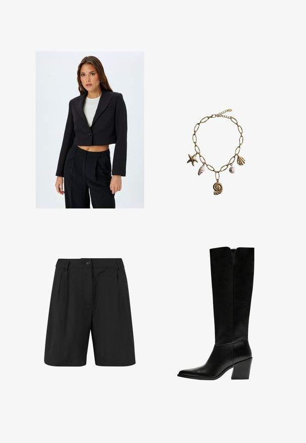 Blazer noir court avec un col cranté, une fermeture à un bouton et des manches longues. Associez-le à un pantalon noir taille haute pour un look coordonné.; Deux T-shirts ajustés : un crème et un noir. Fabriqués en coton doux et texturé, avec des manches courtes et un col rond.; Shorts noirs au design soigné, avec des plis avant, un front plat et une fermeture à un bouton. Tissu à texture lisse.; Bottes noires montantes en cuir lisse, avec un bout pointu, un talon bloc et une découpe en V en haut.; Mango Collier - gold-coloured
