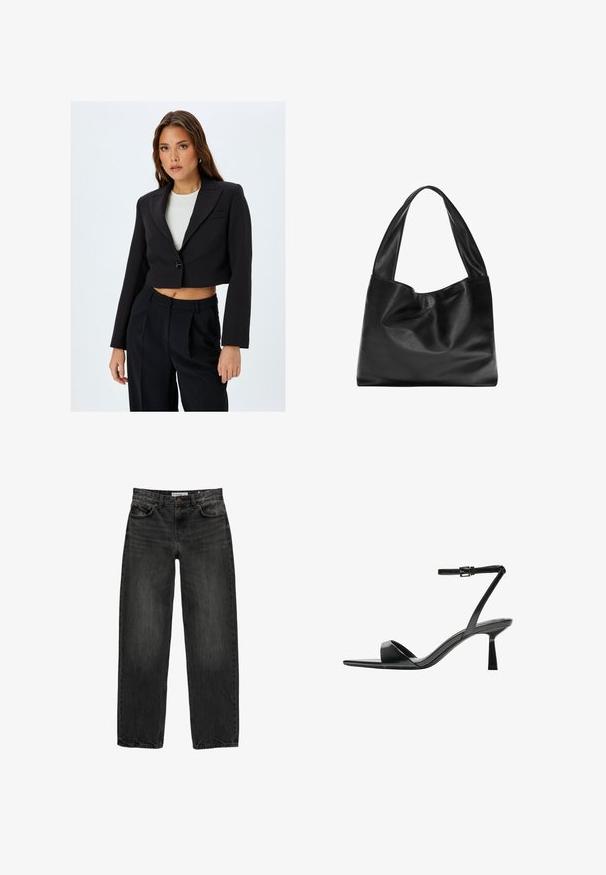 Mustat lyhyet blazerit, joissa on lovikaulus, yksittäinen nappikiinnitys ja pitkät hihat. Yhdistä korkeavyötäröisten mustien housujen kanssa saadaksesi koordinoidun ilmeen.; Mustat lyhythihaiset T-paidat, jotka on valmistettu pehmeästä kankaasta, pyöreä kaula-aukko ja rento istuvuus, sileä pinta eikä kuvioita.; Mustat farkut rentoa istuvuutta, suora lahje, viisi taskua ja hieman haalistunut pinnan rakenne. Napin ja vetoketjun sulku edessä.; Bershka Korolliset sandaalit - black; Musta nahkainen olkalaukku, jossa on pehmeä, roikkuva muotoilu, leveät kahvat ja sileä pinta. Ei näkyviä metalliosia tai koristeluja.