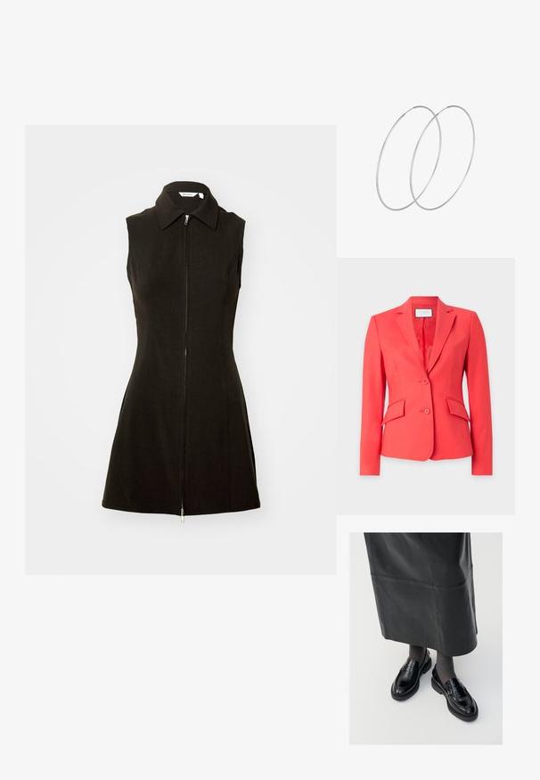 Koraļļu bleizeris, izgatavots no gludas auduma, ar iezīmētu apkakli, divām pogām un divām priekšējām kabatām ar slīpiem vāciņiem.; Melna bez piedurknēm kleita ar apkakles dekoltē un priekšējo rāvējslēdzēja aizdari, izgatavota no gludas auduma ar pieguļošu siluetu un platām malām.; Melni ādas loafers ar gludu apdari, ar dekoratīvu jostu, apaļu pirkstu un teksturētu zoli. Valkāti ar garu melnu ādas svārku.; Sudraba gredzenveida auskari ar minimālistisku dizainu. Cirkulāra forma, gluda tekstūra un plāns profils. Vieglu svaru ar spīdīgu apdari.