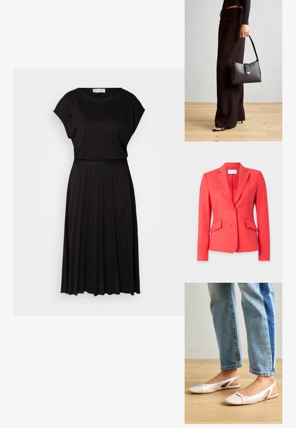 Korall színű blézer sima szövetből, lekerekített hajtókával, két gombbal és két első zsebből álló ferde fedéllel.; Fekete ruha, fitted boddiccel és puffos ujjakkal, tarkózó szoknyára váltva. Puha anyagból készült, sima textúrával.; Világos rózsaszín slingback laposlábú cipők, hegyes orral, sima bőrhatású anyagból készült. Oldalt kivágott részletek találhatók rajta, valamint lapos sarkú.; Fekete kézi táska strukturált formával, sima textúrával és fémből készült záródással. Széles fekete nadrággal és nyitott orrú szandállal párosítva, fából készült padlón.