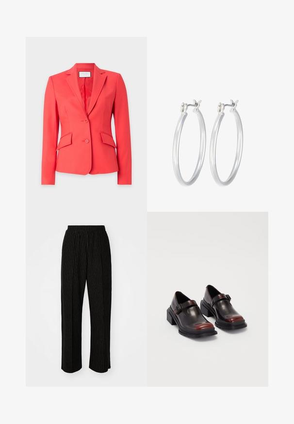 Koraļļu bleizeris, izgatavots no gludas auduma, ar iezīmētu apkakli, divām pogām un divām priekšējām kabatām ar slīpiem vāciņiem.; Balts ribots garām piedurknēm krekls ar apaļu kakla izgriezumu. Izgatavots no elastīga auduma, kas pieguļ ķermenim. Iezīmējas ar smalkām horizontālām līnijām.; Melna, plaša kāju bikses ar baltām vertikālām svītrām, ar elastīgu jostu komfortam un gludu, mīkstu tekstūru.; Ādas blokveida papēžu kurpes ar spīguļojošu tumši sarkanu apdari, aprīkotas ar sprādzi un noapaļotu purngali. Teksturēts zole labākai saķerei.; Sudraba riņķveida auss gredzeni ar gludu, pulētu apdari. Apaļa forma un drošs klikšķa augšējais slēgums. Viegls dizains, kas piemērots ikdienas valkāšanai.