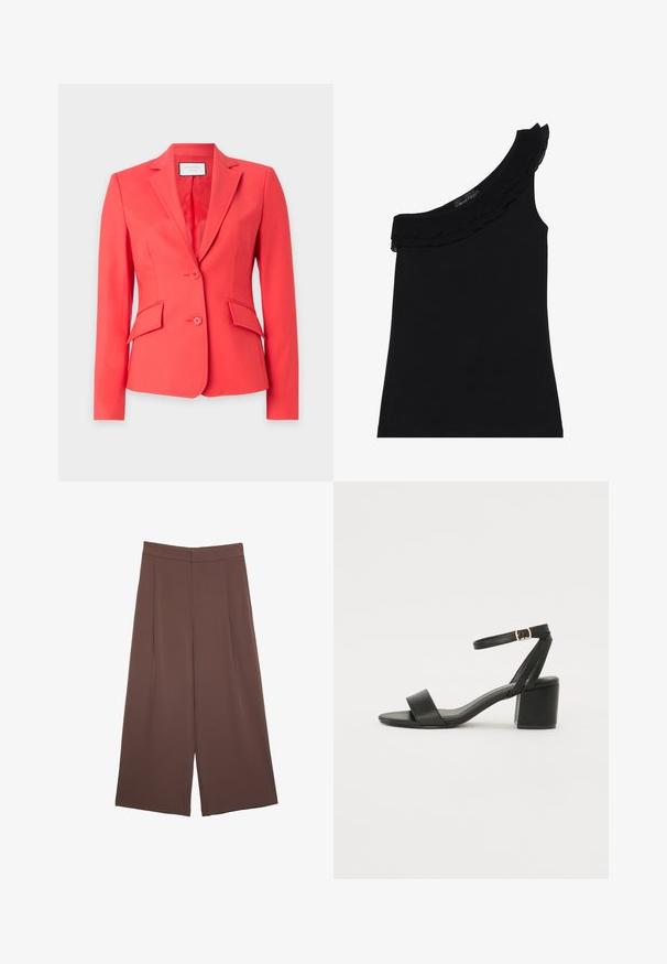 Blazer corallo realizzato in tessuto morbido, con revers a punte, due bottoni e due tasche frontali con pattine oblique.; Top nero a spalla unica con scollatura arricciata. Tessuto liscio ed elasticizzato. Design semplice e aderente, senza ulteriori motivi o dettagli.; Pantaloni ampi marroni con una texture liscia, caratterizzati da una vita alta e pieghe frontali. Il tessuto è leggero e scorre liberamente.; Sandalo nero con tacco alto, caratterizzato da una tomaia in pelle liscia, punta aperta, ampie fasce frontali e cinturino a caviglia regolabile con un dettaglio in fibbia dorata.