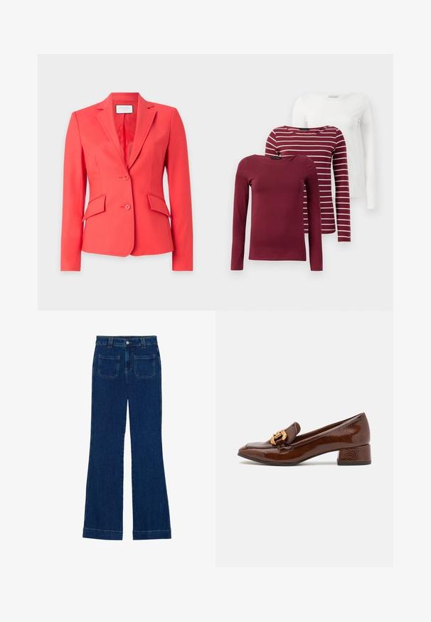 Korallivärvi bleiser, mis on valmistatud siledast kangast ja millel on sälguga krae, kaks nuppu ning kaks eesmist taskut kaldus klappidega.; Kolm pikavarsi T-särki: üks ühtlane burdeos, üks burdeos valgete triipudega ja üks ühtlane valge. Kõik on valmistatud pehmest, venivast kangast.; Tumedat sinised flared teksad, millel on sile tekstuur, viie tasku disain ja nupuga kinnitamine vööl.; Pruunid nahast loafersid läikiva viimistlusega, esiosal dekoratiivne kuldne pannal ja madal plokk konts. Klassikaline disain.