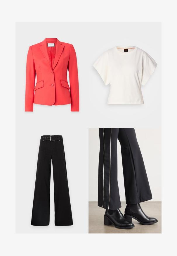 Koralinė švarkas, pagamintas iš lygaus audinio, su išpjova lapeliais, dviem mygtukais ir dviem priekiniais kišenėmis su kampuotais dangteliais.; Baltas trumpas marškinėliai, plačios trumpomis rankovėmis, minkšta medvilnė, apvali kaklo iškirptė su subtiliu oranžiniu apvadu, minimalus dizainas, be raštų ar grafikų.; Juodos plačios kojų kelnės, pagamintos iš medvilnės, su aukšta liemene, didelėmis šoninėmis kišenėmis ir diržu, papuoštu sidabriniais akcentais.; Juodi odiniai auliniai batai su plataus bloko kulnu, turintys elastines šonines dalis. Sukomplektuoti su juodomis kelnėmis, turinčiomis baltą šoninės juostą.