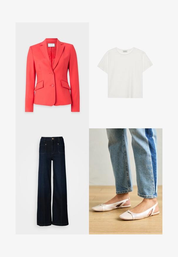Coral blazer made of smooth fabric, featuring a notched lapel, two buttons, and two front pockets with angled flaps.; White short-sleeve T-shirt made of soft cotton. Features a round neckline and relaxed fit. Clean design with no visible patterns or accents.; Wide-leg denim jeans in dark blue. Features front pockets, gold-tone hardware, and contrasting stitching. Smooth texture with a casual design.; Pale pink slingback flats with a pointed toe, made from a smooth leather-like material. Features cut-out details at the sides and a flat heel.