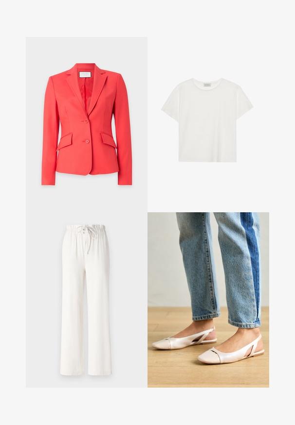 Blazer corallo realizzato in tessuto morbido, con revers a punte, due bottoni e due tasche frontali con pattine oblique.; T-shirt bianco a maniche corte realizzato in morbido cotone. Presenta un collo rotondo e una vestibilità comoda. Design pulito senza modelli o dettagli visibili.; Pantaloni bianchi a gamba larga realizzati in tessuto morbido, con vita regolabile e texture liscia. Nessun motivo o decorazione visibile.; Ballerine slingback rosa pallido con punta affusolata, realizzate in un materiale simile alla pelle liscio. Presentano dettagli a taglio sui lati e un tacco piatto.