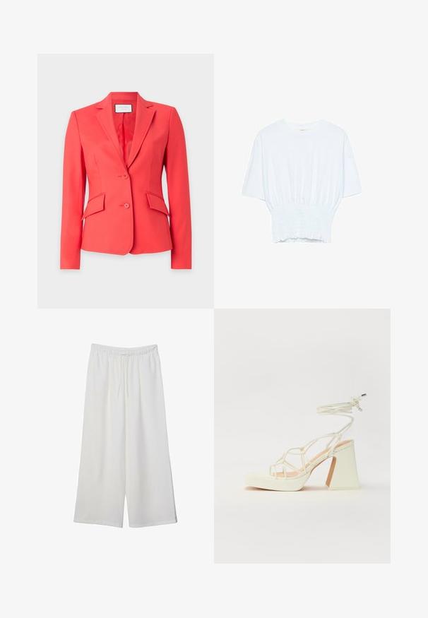 Blazer corallo realizzato in tessuto morbido, con revers a punte, due bottoni e due tasche frontali con pattine oblique.; T-shirt bianco a maniche corte con una vestibilità rilassata e una texture smock in vita. Realizzato in tessuto morbido e leggero.; Pantaloni bianchi a gamba larga realizzati in tessuto leggero, dotati di una vita elastica e di un cordino per una vestibilità regolabile. Texture liscia.; Sandalo bianco con tacco alto, caratterizzato da un design a cinturini e un legaccio alla caviglia. Texture liscia con una piattaforma frontale per un'altezza aggiuntiva.