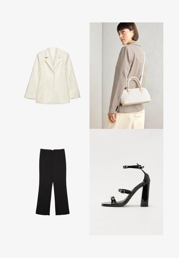 Bela teksturirana blazerica s nazubljenim reverom, dugim rukavima i cvjetnim uzorkom. Ima strukturirani kroj i glatku podstavu.; Črna majica brez rokavov iz bombaža, z okroglim izrezom in širokimi odprtinami za roke. Gladka tekstura s šivi na robovih. Klasičen, minimalističen dizajn.; Črne hlače ravnega kroja z naglavnimi žepi in stranskimi razporki na robu. Narejene iz mehke, gladke tkanine. Primerne za različne priložnosti.; Črne lakirane sandale s peto, kvadratnim prstom, trakovi okrog gležnja in srebrnimi zaponkami. Opremljene so s stabilno Debelo peto.; Bela strukturirana torba z kratkimi ročaji in naramnim trakom, z zlatimi okrasnimi elementi in teksturiranim materialom, prikazana na sivi podlagi.