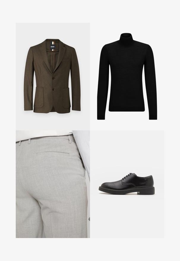 Pruun villakangastooted, millel on üksik-nuplu disain, sakilised kraed, kaks eesmist taskut ja pruunid nööbid. Sisaldab plaastritaskut rinnal.; Musthave muströid ja pehmest materjalist must turtleneck, millel on pikad varrukad ja tihe istuvus. Ribaga ääris allservas ja vöökohal. Lihtne disain.; Heledat hallid kohandatud püksid tekstuurse kangaga, millel on üks tagatasku ja puhas õmblus.; Must beemel levalis kingad ümarate varvastega, sileda pinnaga, minimaalsete õmblustega ja madala kummist kontsaga. Logo kontsa peal.