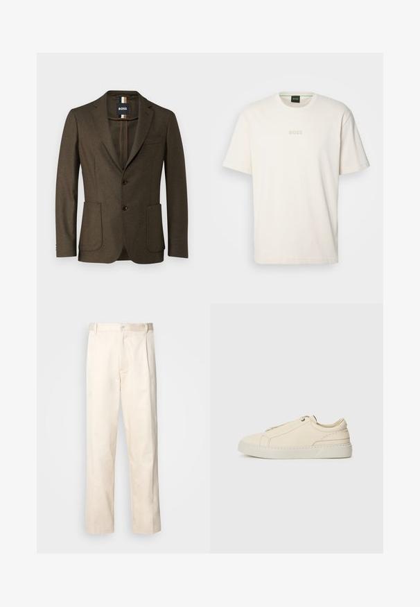 Rjav volnen blazer z enojnim zapenjanjem, z razrezanimi reverji, dvema sprednjima žepoma in rjavimi gumbi. Vsebuje tudi nakitni žep na prsih.; BOSS TEE - Navadna majica - open white; Bež cottone hlače s ravnim krojem, ki imajo gumbasto zapiranje in nabore spredaj za dodatne detajle.; Bež usnjeni športni copat s zaobljenim nosom, minimalistična zasnova, subtilne šivane podrobnosti in teksturirana zgornja stran, na svetlem podplatu.