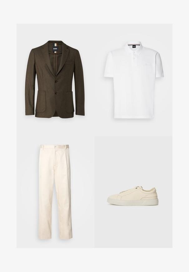 Blazer de lana marrón con diseño de botonadura simple, solapas de muesca, dos bolsillos frontales y botones marrones. Presenta un bolsillo de parche en el pecho.; Camisa polo blanca hecha de una mezcla de algodón y poliéster, con cuello, tapeta de dos botones y un sutil logo bordado en el pecho.; Pantalones de algodón beige con corte recto, que cuentan con un cierre de botón y pliegues en la parte frontal para un detalle adicional.; Zapatilla de cuero beige con punta redondeada, diseño minimalista, detalles de costura sutiles y parte superior texturizada, sobre una suela clara.