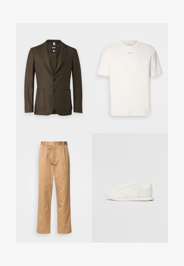 Ruda vilnos švarkas su vieno mygtuko dizainu, iškirptomis apykaklėmis, dviem priekinėmis kišenėmis ir rudais mygtukais. Papildomai turi kišenę ant krūtinės.; Balta medvilninė marškinėlių suapvalintu kaklu, trumpomis rankovėmis ir siuvinėtu "Calvin Klein" logotipu krūtinės centre. Paprastas dizainas.; Kaki kelnės, medvilnės mišinys, tiesaus kirpimo dizainas, priekiniai raukiniai, diržo kilpos ir mygtuko uždarymas. Lygus audinys be raštų.; Balti sportbačiai su tinkline ir sintetine viršutine dalimi, apvaliu nosiu, plokščiomis raištelėmis ir tekstūruota šonine juosta. Guma, kurios padas su vilkimo kilpute gale.