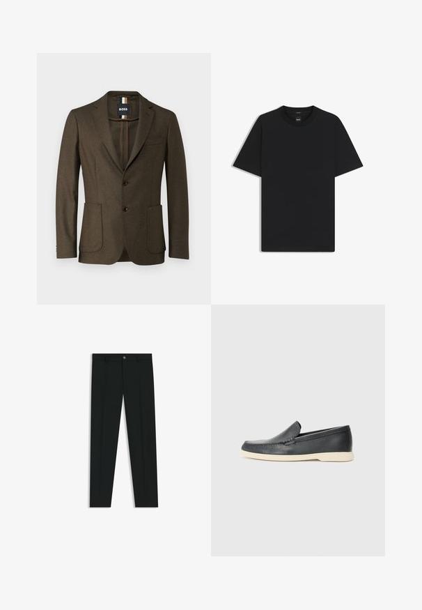 Brauner Wollblazer mit einreihigem Design, mit Reverskragen, zwei Fronttaschen und braunen Knöpfen. Verfügt über eine aufgesetzte Tasche auf der Brust.; Schwarz T-Shirt mit kurzen Ärmeln aus einem glatten Baumwollmix, mit Rundhalsausschnitt und einem minimalistischen Design ohne Muster oder Akzente.; Schwarze Anzughosen mit geradem Bein, aus glattem Stoff. Mit Knopfverschluss vorne und Gürtelschlaufen. Schlicht ohne Muster.; Schwarze Leder-Slipper mit strukturiertem Finish und einer kontrastierenden beige Gummisohle. Mit einem dezenten Akzent an der Vorderseite.