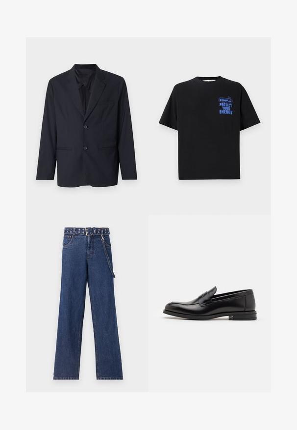 Tume sinine bleiser sujuvast materjalist, ühe nööbiga disain, kaks nööpi, lõikeklapid ja rinnatasku.; Must mustreeni T-särk lühikeste varrukatega, millel on sinine tekst "KAITSE OMA ENERGIA" ja graafiline disain ülemises vasakus nurgas.; Tumedast sinistest denimi teksad sirge lõikega, mis on varustatud mustrilise vööga, millel on metallist silmad ja sobiv vööaas.; Mustad mustad nahast loafers sileda tekstuuriga, ümarat ninaosa ja dekoratiivne riba vampi üle. Madal kihiline konts, minimalistlik disain.