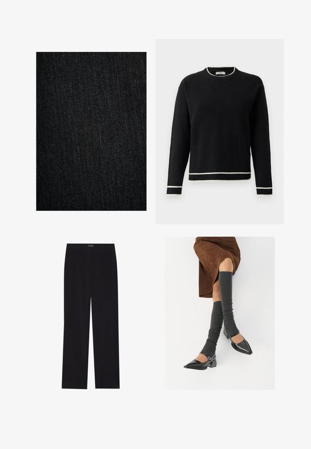Tessuto denim nero con una superficie liscia, caratterizzato da un sottile intreccio a spina di pesce e da lievi variazioni di colore. Nessun motivo o accento visibile.; Maglione a maniche lunghe nero con collo, polsini e orlo bianchi, presentato su uno sfondo bianco semplice.; Pantaloni in corduroy neri con taglio dritto, dotati di vita piatta e senza tasche visibili, texture liscia e dettaglio a righe verticali.; Scarpe nere in pelle verniciata con punta affilata, tacco a blocco e cinturino alla caviglia, abbinate a scaldamuscoli grigi a coste e una gonna in suede marrone.