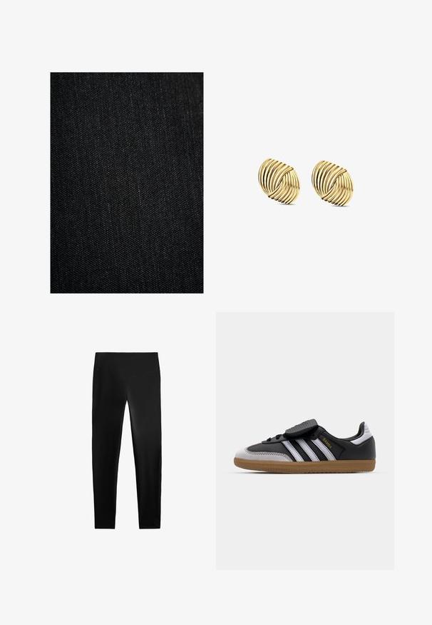 Tessuto denim nero con una superficie liscia, caratterizzato da un sottile intreccio a spina di pesce e da lievi variazioni di colore. Nessun motivo o accento visibile.; Maglione grigio scuro, strutturato, con maniche lunghe, abbinato a jeans a zampa d'elefante blu scuro e stivali neri con tacco a blocco, visto da dietro.; Leggings neri in tessuto elastico, con una vita alta, design aderente e superficie liscia, senza motivi o accenti visibili.; Sneaker in pelle nera e suede grigio con strisce bianche, suola in gomma, chiusura con lacci nella parte anteriore e strappa in velcro. Presenta il marchio "Samba" in oro.; Orecchini dorati caratterizzati da un design a spirale con curve sovrapposte, che presentano una finitura metallica e una superficie liscia per una profondità visiva.