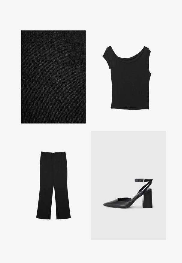 Czarna tkanina dżinsowa o gładkiej fakturze, z subtelnym splotem skośnym i niewielkimi różnicami w kolorze. Brak widocznych wzorów lub akcentów.; Czarna bluzka z krótkim rękawem, wykonana z gładkiego materiału; posiada dekolt w stylu drapowanym oraz asymetryczny dół, z dopasowanym krojem.; Czarne spodnie o prostym kroju, z przednimi kieszeniami i bocznymi rozcięciami na dole. Wykonane z miękkiego, gładkiego materiału. Odpowiednie na różne okazje.; Czarne skórzane czółenka z ostrym noskiem, z paskiem na kostce i grubym obcasem. Gładka faktura, elegancki design i minimalistyczna estetyka.