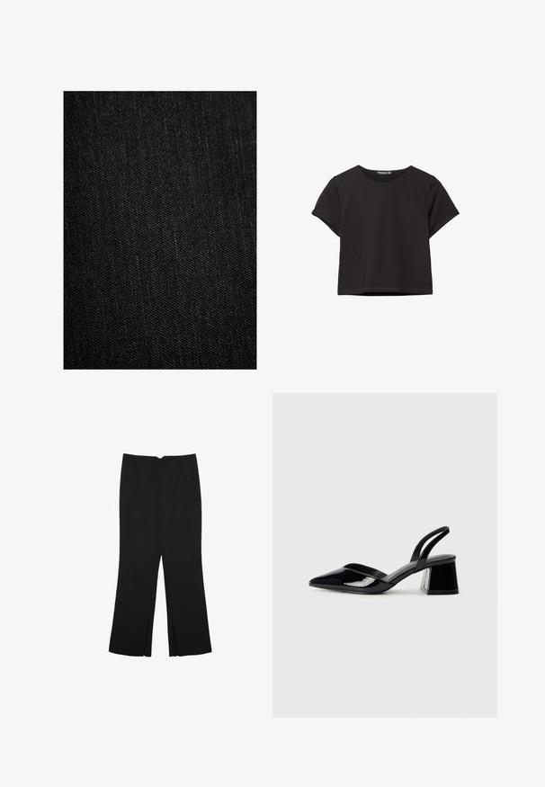 Černá džínová látka s hladkou texturou, s jemným keprovým vazbym a mírnou barevnou variací v celé ploše. Žádné viditelné vzory nebo akcenty.; Černý krátký rukávový crop top z měkké látky, s kulatým výstřihem a volnějším střihem s rovnou spodní částí.; Černé kalhoty s rovným střihem, s předními kapsami a bočními rozparky na lemu. Vyrobené z jemné, hladké tkaniny. Vhodné na různé příležitosti.; Černé lakované kožené lodičky na pásku s špičatou špičkou a geometrickým blokovým podpatkem. Vyznačují se elegantním, minimalistickým designem a hladkým povrchem.