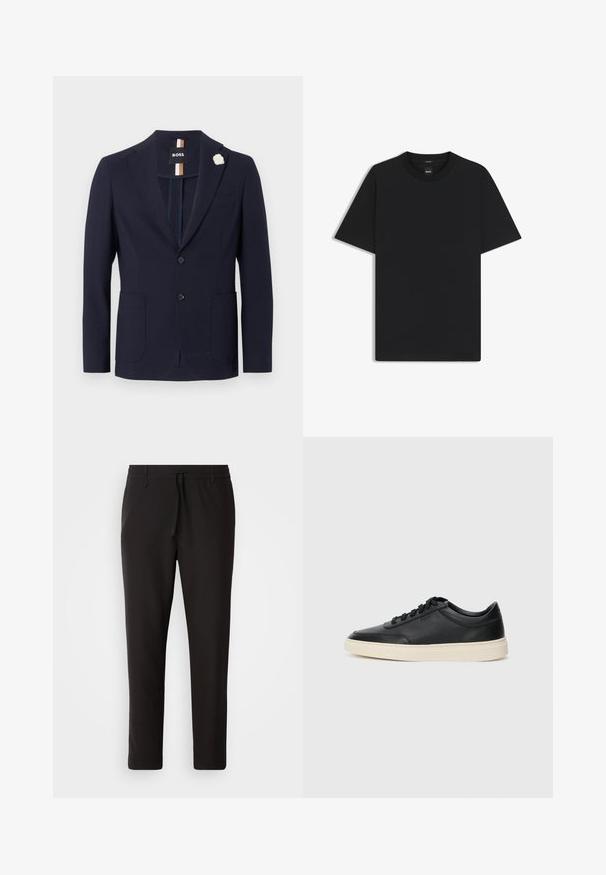 Blazer navy in tessuto strutturato con design a un petto, due tasche frontali e spilla a forma di fiore bianco.; Maglietta nera a maniche corte realizzata in un morbido misto cotone, con scollatura a girocollo e un design minimalista senza motivi o dettagli.; Pantaloni jogger neri realizzati in tessuto liscio. Presentano una vita elasticizzata con stringa, gambe affusolate e senza tasche visibili. Design semplice.; Sneaker in pelle nera a basso profilo con lacci neri e suola avorio, mostrato di profilo su sfondo bianco.