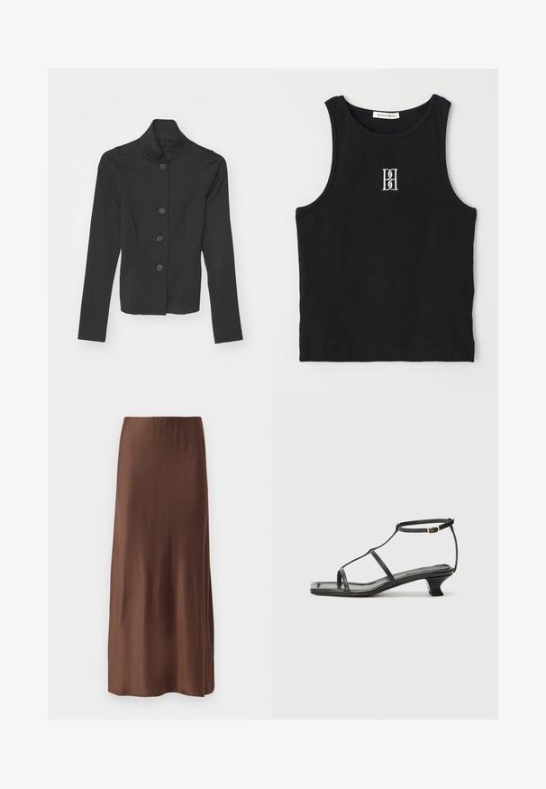 Casaco preto ajustado com gola alta, cinco botões na frente e mangas longas. Feito de um tecido liso com um corte estruturado.; Top de alças preto com textura canelada, apresentando um decote redondo e um logótipo bordado em branco. O tecido tem uma textura suave e um corte justo.; Saia midi de seda castanha com uma textura suave, apresentando um corte reto e sem padrões ou adornos visíveis. Design simples e elegante.; Sandália de couro preta com biqueira quadrada, tiras finas, correia ajustável no tornozelo e um salto baixo. Possui um pequeno detalhe em ouro na tira.