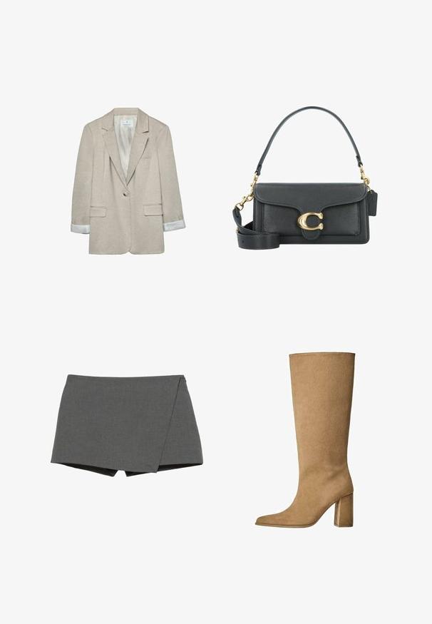 Beige Blazer aus leichtem Stoff, mit einem Knopfverschluss, Reverskragen und gestreiften Ärmelabschlüssen. Inklusive zwei Fronttaschen.; Übergroßes weißes Baumwoll-T-Shirt mit kurzen Ärmeln, rundem Ausschnitt und glatter Textur. Keine Muster oder sichtbaren Hardwaredetails.; Grau gewickelte Shorts aus glattem Stoff, mit diagonalem Schnitt und sauberen Kanten. Keine sichtbaren Beschläge oder Verzierungen.; Hellbraune Wildleder-Stiefel bis zum Knie mit Blockabsatz, spitz zulaufender Zehenform und glatter Textur. Minimalistisches Design ohne Verzierungen.; Schwarze Lederhandtasche mit goldenen Hardware-Akzenten, ausgestattet mit einem charakteristischen Verschluss, einem abnehmbaren Schultergurt und einer strukturierten Oberfläche.