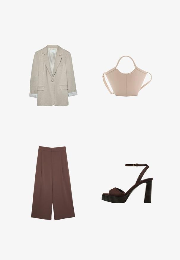 Beige blazer in lightweight fabric, featuring a single button closure, notched lapels, and striped cuff details. Two front pockets included.; Brown short-sleeve t-shirt made of soft fabric, with a round neckline and relaxed fit. No visible patterns or accents.; Brown wide-leg trousers with a smooth texture, featuring a high waist and front pleats. The fabric is lightweight and flows loosely.; Brown suede high-heeled sandal with an open toe, adjustable ankle strap, and a striped platform sole.; Beige leather handbag with a unique shape, featuring two short handles and a long adjustable strap. Smooth texture with minimal hardware.