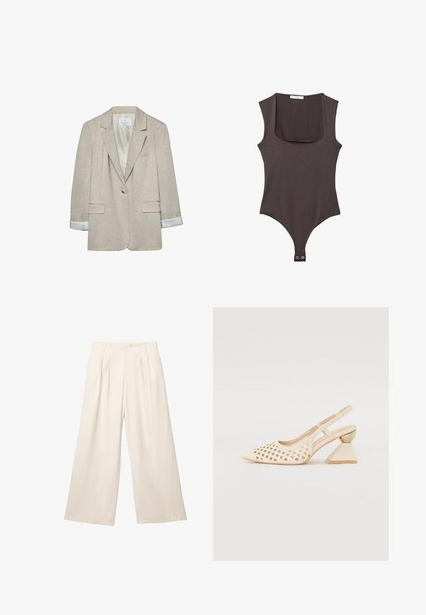 Beige Blazer aus leichtem Stoff, mit einem Knopfverschluss, Reverskragen und gestreiften Ärmelabschlüssen. Inklusive zwei Fronttaschen.; Brauner schulterfreier Body mit quadratischem Ausschnitt, aus weichem Stoff gefertigt. Verfügt über einen Druckknopfverschluss am Boden und eine taillierte Silhouette.; Weite Hosen in einem hellbeigen Farbton aus einem weichen, strukturierten Stoff. Mit vorderen Falten und einem elastischen Bund für einen entspannten Sitz.; Beige Slingback-Schuh mit Perforierung im Obermaterial, spitzer Zehenpartie und einem kontrastierenden dreieckigen Absatz mit einem goldenen Akzent. Insgesamt glatte Textur.
