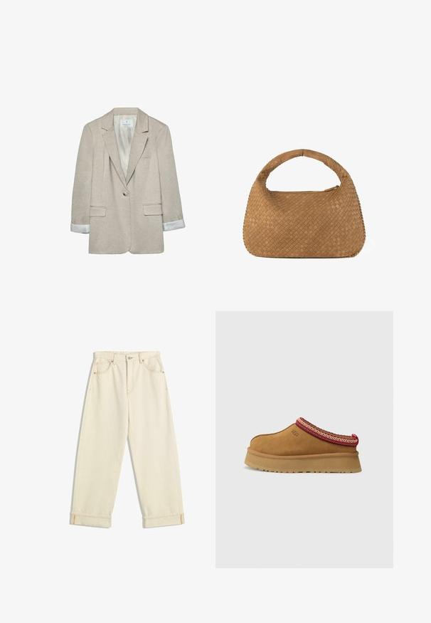 Beige blazer i lätt tyg, med en knappstängning, slagkrage och randiga ärmdetaljer. Två framfickor ingår.; Vit linne av bomull, med en enkel design och rundad halsringning samt svart "HUGO"-logotyp i mitten. Slät textur.; Krämfärgade denimbyxor med avslappnad passform, med uppvikta fållar, kontrasterande orange sömmar och framsida och baksida fickor.; Bruna mockasin i mocka med röd och gräddfärgad mönstrad trim, texturerad sula och UGG-logotyp på sidan. Har en lätt plattformshöjd.; Vävd tan-handväska med rund handtag, tillverkad av mjukt läder. Har en dragkedjestängning och intrikata korgvävsmönster.