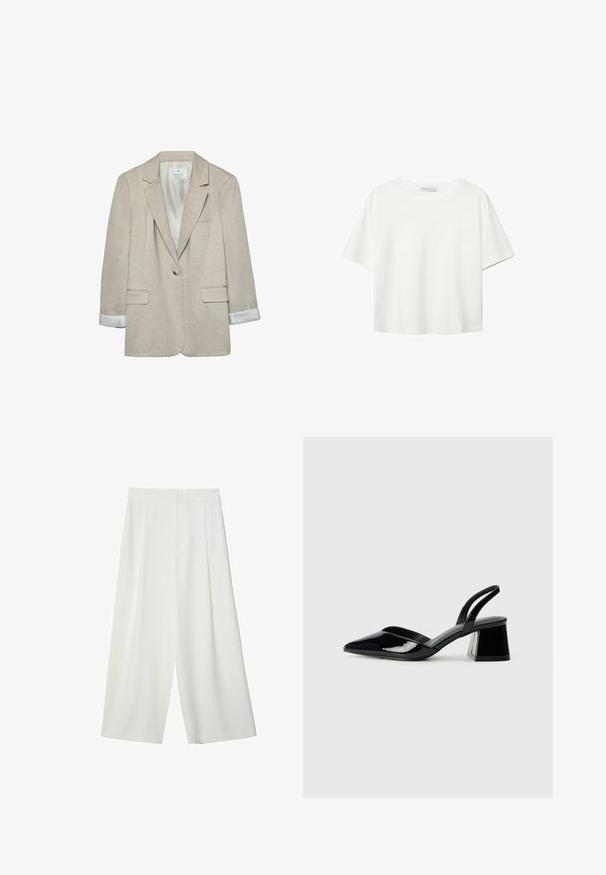 Beige Blazer aus leichtem Stoff, mit einem Knopfverschluss, Reverskragen und gestreiften Ärmelabschlüssen. Inklusive zwei Fronttaschen.; Weißes T-Shirt mit kurzen Ärmeln aus Baumwolle. Hat einen Rundhalsausschnitt und eine lockere Passform. Glatte Textur ohne sichtbare Muster oder Akzente.; Weiße, weite, knöchellange Hosen mit glatter Textur, flachem Vorderteil und ohne sichtbare Verschlüsse oder Taschen.; Schwarze Lackleder-Slingback-High Heels mit spitzem Schuh und einem geometrischen Blockabsatz. Verfügt über ein schlankes, minimalistisches Design und eine glatte Textur.