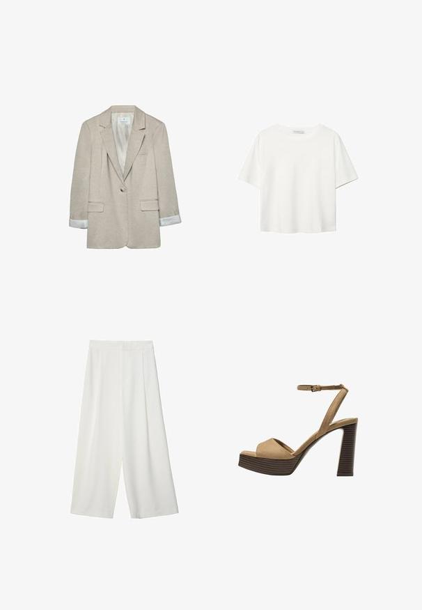 Blazer beige en tissu léger, avec une fermeture à un bouton, des revers découpés et des détails rayés sur les poignets. Deux poches avant incluses.; T-shirt blanc à manches courtes en coton. Doté d'un col ras du cou et d'une coupe décontractée. Texture lisse sans motifs ni accents visibles.; Pantalons cropped large blancs avec une texture lisse, présentant un devant plat et sans fermetures ni poches visibles.; Sandales à talons hauts en suede beige avec une large bride avant et une bride à la cheville, dotées d'un chunky talon en bois avec une finition texturée.