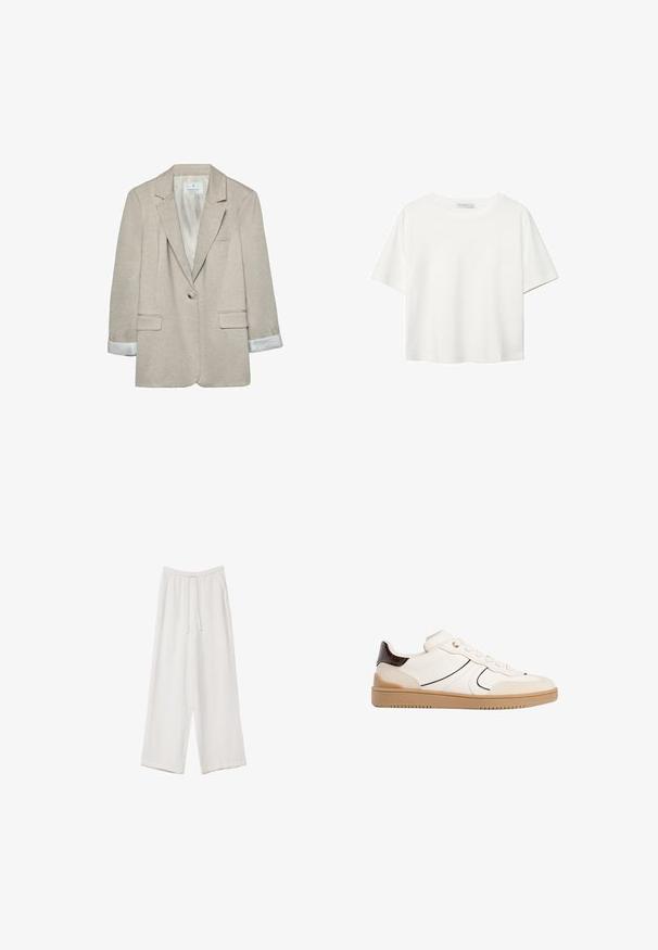 Beige Blazer aus leichtem Stoff, mit einem Knopfverschluss, Reverskragen und gestreiften Ärmelabschlüssen. Inklusive zwei Fronttaschen.; Weißes T-Shirt mit kurzen Ärmeln aus Baumwolle. Hat einen Rundhalsausschnitt und eine lockere Passform. Glatte Textur ohne sichtbare Muster oder Akzente.; Weiße weit geschnittene Hose aus leichtem Stoff. Mit einem elastischen Bund und Kordelzug sowie Seitentaschen. Glatte Textur.; Stradivarius Sneaker low - white