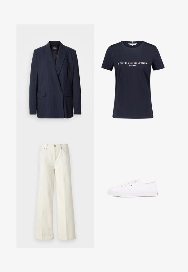 Blazer de rayas azul marino hecho de tela suave, con solapas de muesca, dos bolsillos delanteros y un bolsillo en el pecho, con un interior completamente forrado.; Camiseta de algodón azul marino de manga corta, con el texto blanco "TOMMY HILFIGER EST. 1985". Incluye un pequeño acento de logo en la manga.; Jeans blancos de pierna ancha hechos de una mezcla de algodón. Cuentan con una cremallera en la bragueta, diseño de cinco bolsillos y costuras a lo largo de las costuras.; Zapatillas de lona blancas con ojales dorados, cordones planos, suela de goma texturizada y un branding mínimo en el lateral. Diseño de perfil bajo.