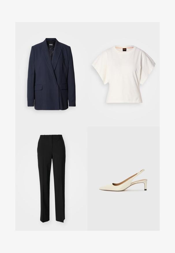 Mornarsko prugasta blazerka iz gladkega materiala, z zareznim ovratnikom, dvema sprednjima žepoma in enim žepom na prsih, popolnoma obložen z notranjim podložkom.; Bela skrajšana majica s kratkimi širokimi rokavi, mehka bombažna tkanina, okrogla ovratnica z diskretnim oranžnim robom, minimalističen dizajn, brez vzorcev ali grafike.; Črne krojene hlače s direktnim krojem, ki se ponašajo z gladko teksturo in ostrimi pregibi spredaj. Ni vidne kovine.; Sandal z visokim prstom iz belega usnja, ki ima nizek peto in izrezljan dizajn z gladko teksturo in minimalnimi poudarki.