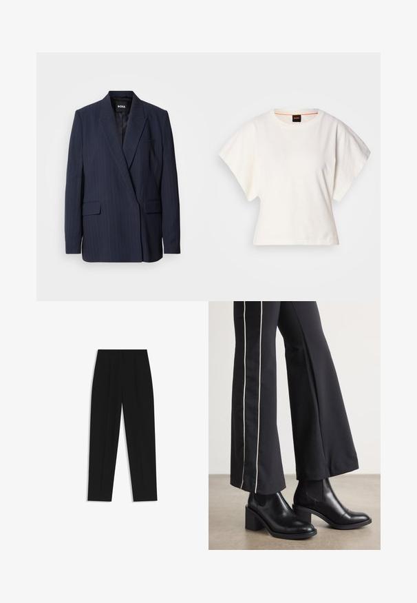 Blazer bleu marine à rayures, fabriqué en tissu lisse, avec un col cranté, deux poches avant et une poche poitrine, intérieur entièrement doublé.; T-shirt blanc cintré, manches courtes et larges, en coton doux, décolleté rond avec une discrète bordure orange, design minimaliste, sans motifs ni graphiques.; Pantalon noir à coupe droite, avec des plis doubles, une texture lisse et un design de taille classique. Pas de matériel ou d'accents visibles.; Bottines en cuir Noir avec un talon bloc, dotées de panneaux élastiques sur les côtés. Associées à un pantalon noir avec une rayure blanche sur le côté.