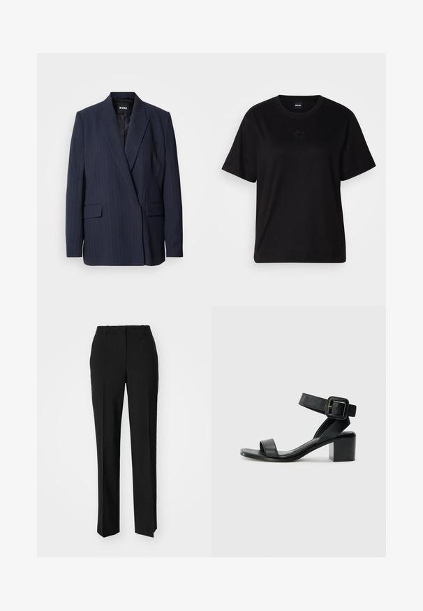 Tamsiai mėlynas smailių juostelių švarkas, pagamintas iš lygaus audinio, su išpjauta apykakle, dviem priekinėmis kišenėmis ir viena krūtine kišene, visiškai pamuštas vidus.; Juodas medvilninis marškinėliai su apvalia iškirpte, trumpomis rankovėmis ir siuvinėjimu ant krūtinės. Paprastas, laisvas siluetas be raštų.; Juodi pritaikyti kelnių modeliai su tiesiomis kojomis, pasižyminčios lygiomis tekstūromis ir ryškiomis klostėmis priekyje. Nėra matomų detalių.; Juodas odinis su aukštu kulnu sandalų modelis su reguliuojamu kulkšnies dirželiu, atvirais pirštais ir kvadratiniu bloku kulnu. Lygus paviršius, minimalizmo stilius.