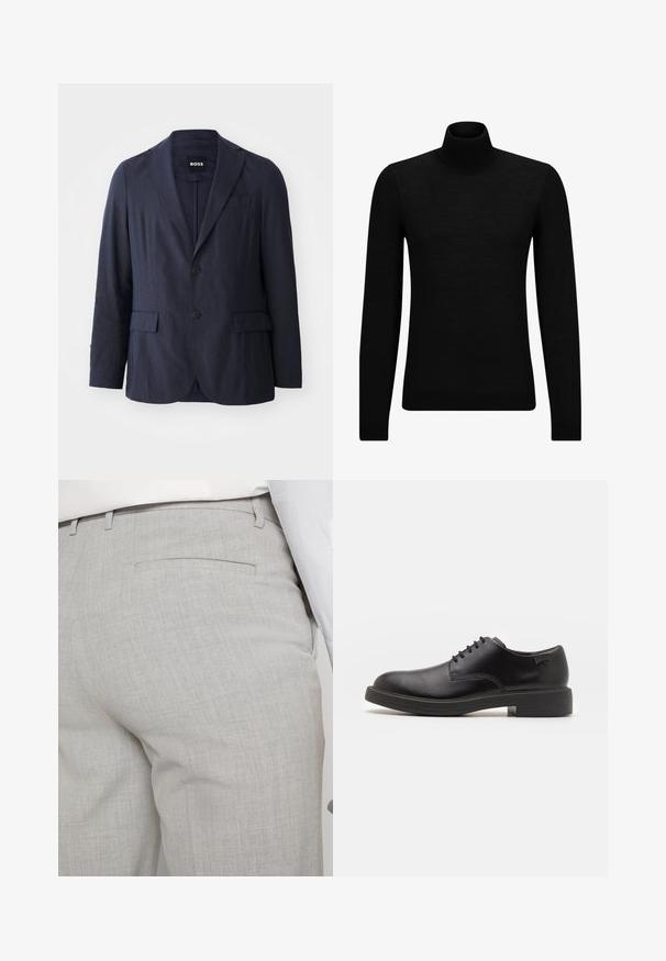 Mornarski jeseničar iz blaga s teksturiranim finišem, z izrezanim ovratnikom, dvema sprednjima žepoma in zapiranjem na dve gumbe. Vidna oznaka blagovne znamke.; Črna turtleneck pulover iz mehkega materiala, z dolgimi rokavi in tesnim prileganjem. R ibana obroba na robu in rokavih. Preprosta zasnova.; Svetlo sive hlače po meri iz teksturirane tkanine, z enim zadnjim žepom in čistim šivom.; Črne usnjene čipkaste čevlje z zaobljenim nosom, gladko teksturo, minimalnim šitjem in nizkim gumijastim peto. Logo na peti.